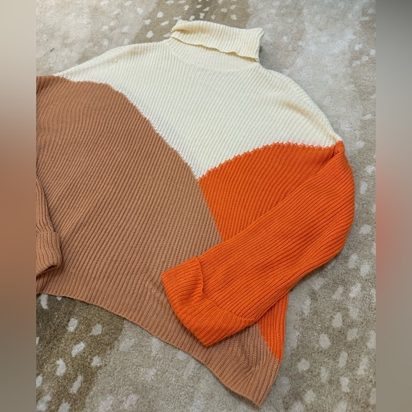 Pink Lily Colorblock Orange cream tan turtleneck sweater women’s size XL - Picture 3 of 7
